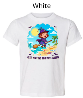 Just Waiting For Halloween witch beach toddler t-shirt in white with cartoon baby witch flying on broomstick over tropical beach with bats and palm trees — cute early Halloween kids shirt