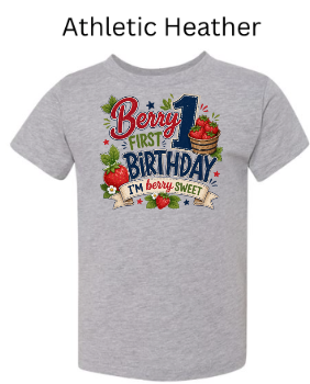 Berry First Birthday toddler t-shirt in athletic heather gray with strawberry and floral design and "I'm Berry Sweet" text — cute first birthday party outfit for boys