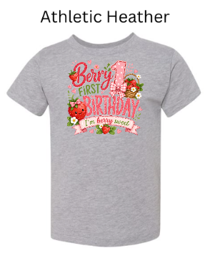 Berry First Birthday toddler t-shirt in athletic heather gray with strawberry and floral design and "I'm Berry Sweet" text — cute first birthday party outfit for  girls