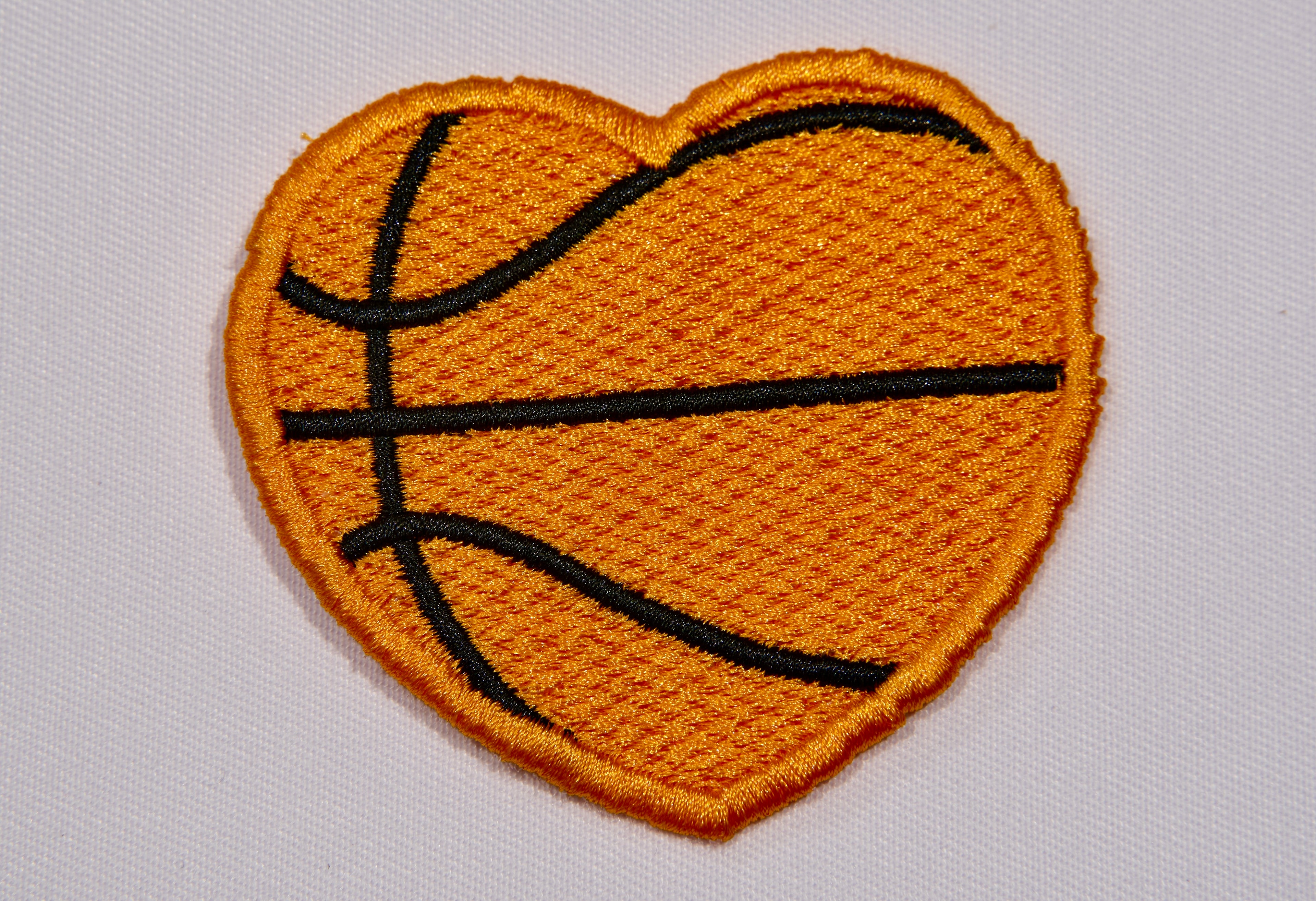 Basketball Heart Embroidered Patch – Orange & Black Sport Heart Design | Sew On or Iron On