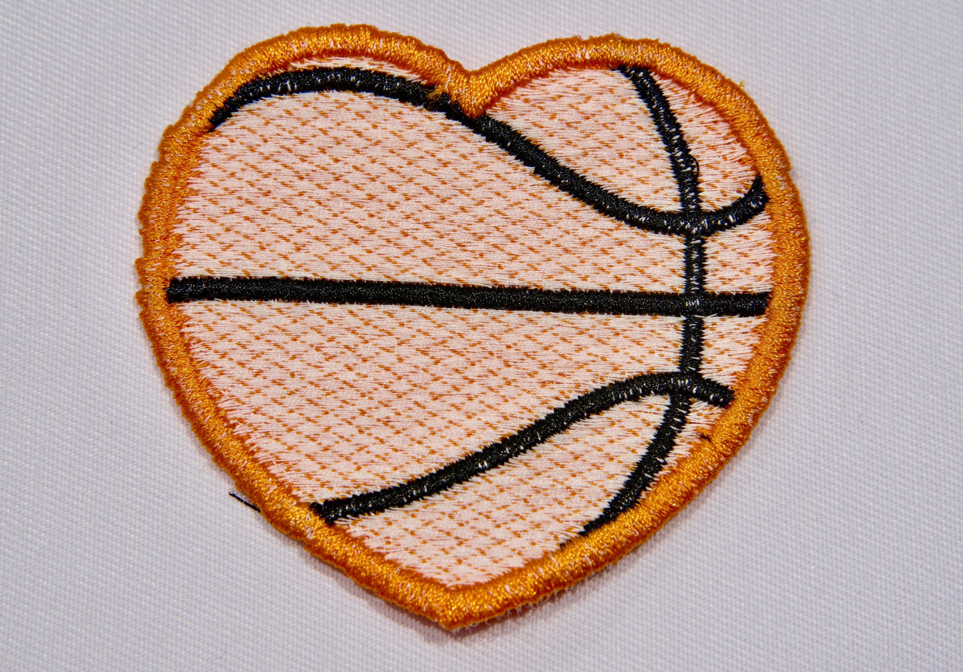 Basketball Heart Embroidered Patch – Orange & Black Sport Heart Design | Sew On or Iron On