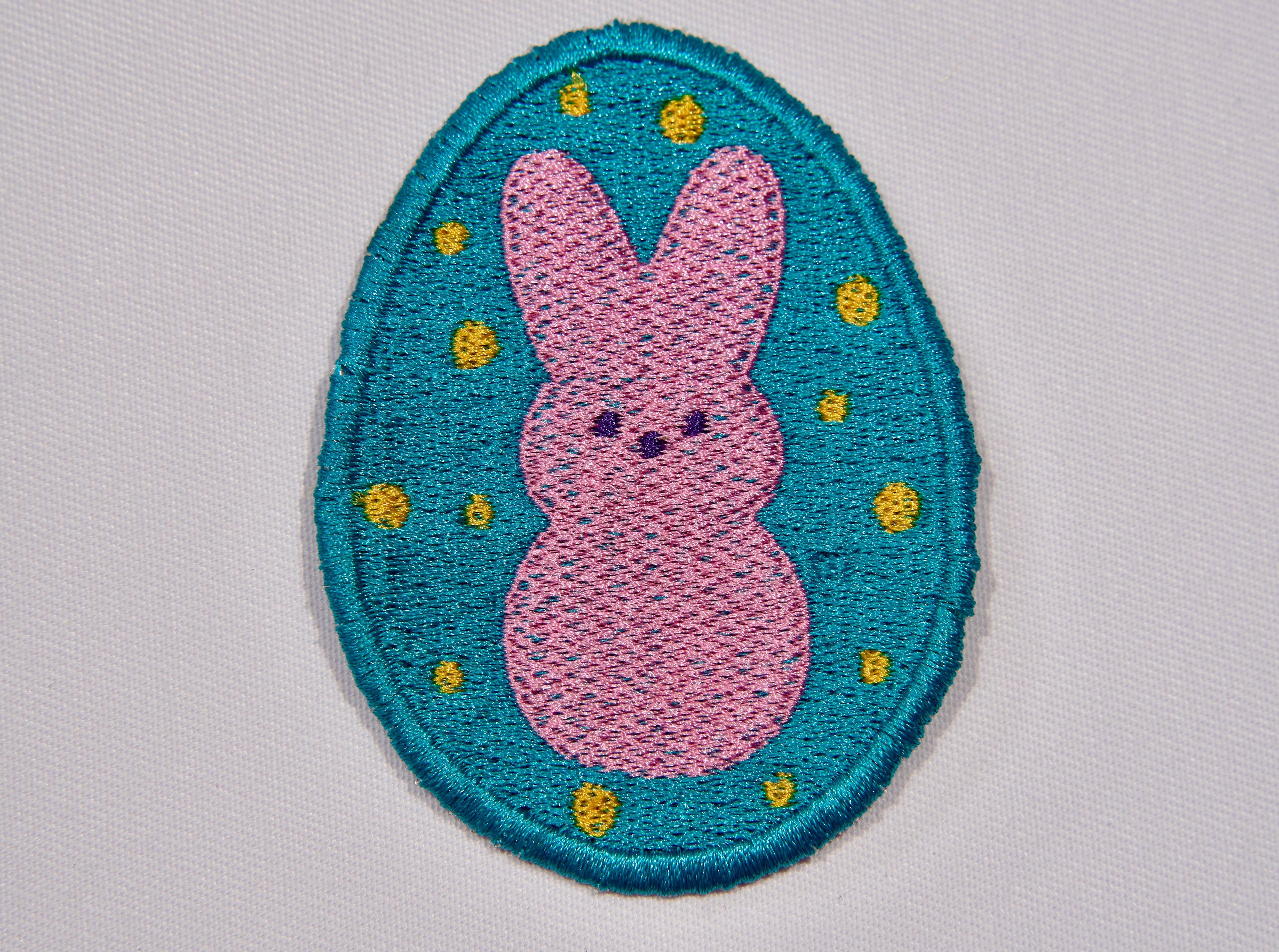 Easter Bunny Embroidered Patch – Teal Egg with Pink Bunny & Gold Dots | Sew On or Iron On