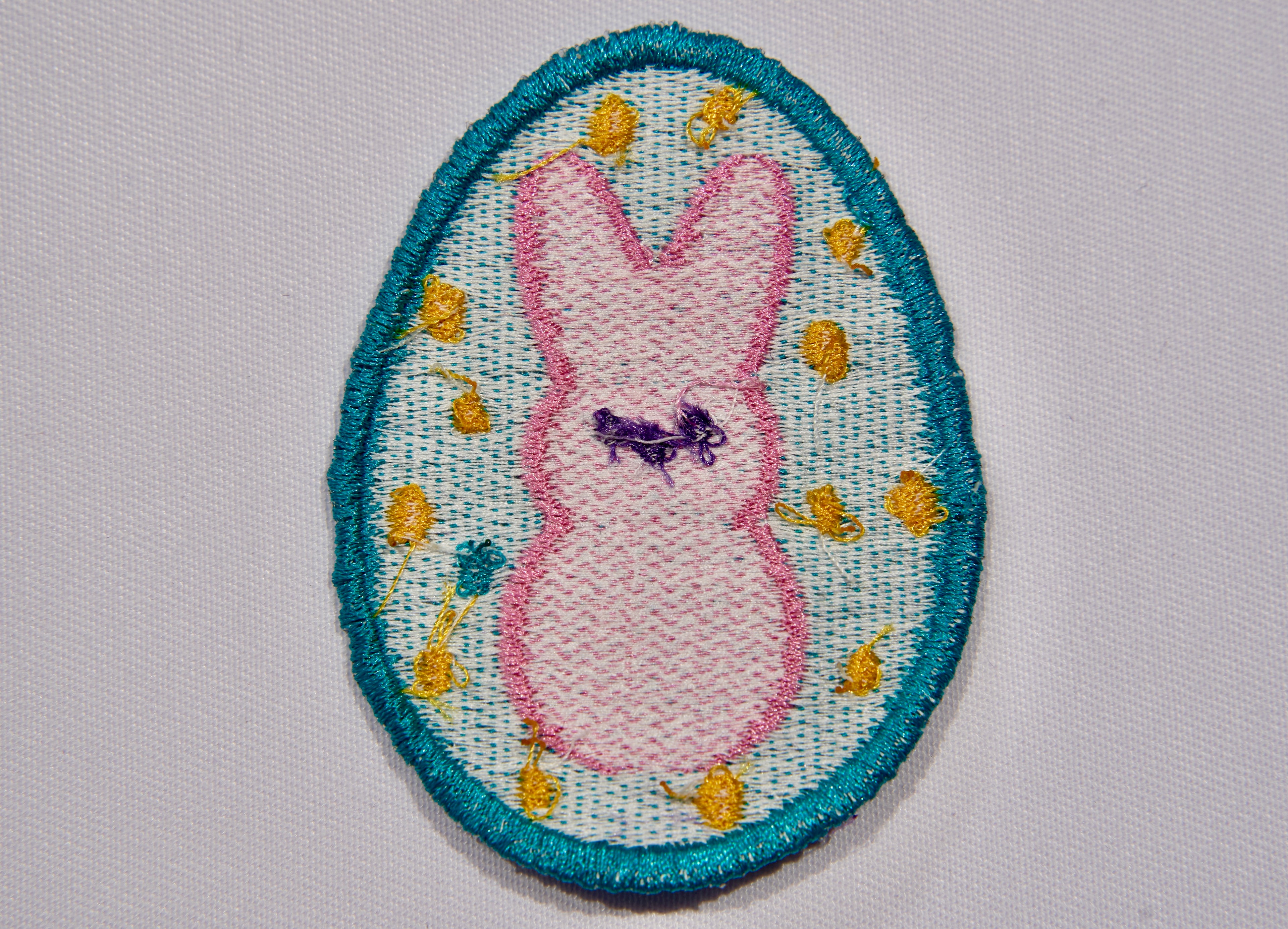 Easter Bunny Embroidered Patch – Teal Egg with Pink Bunny & Gold Dots | Sew On or Iron On