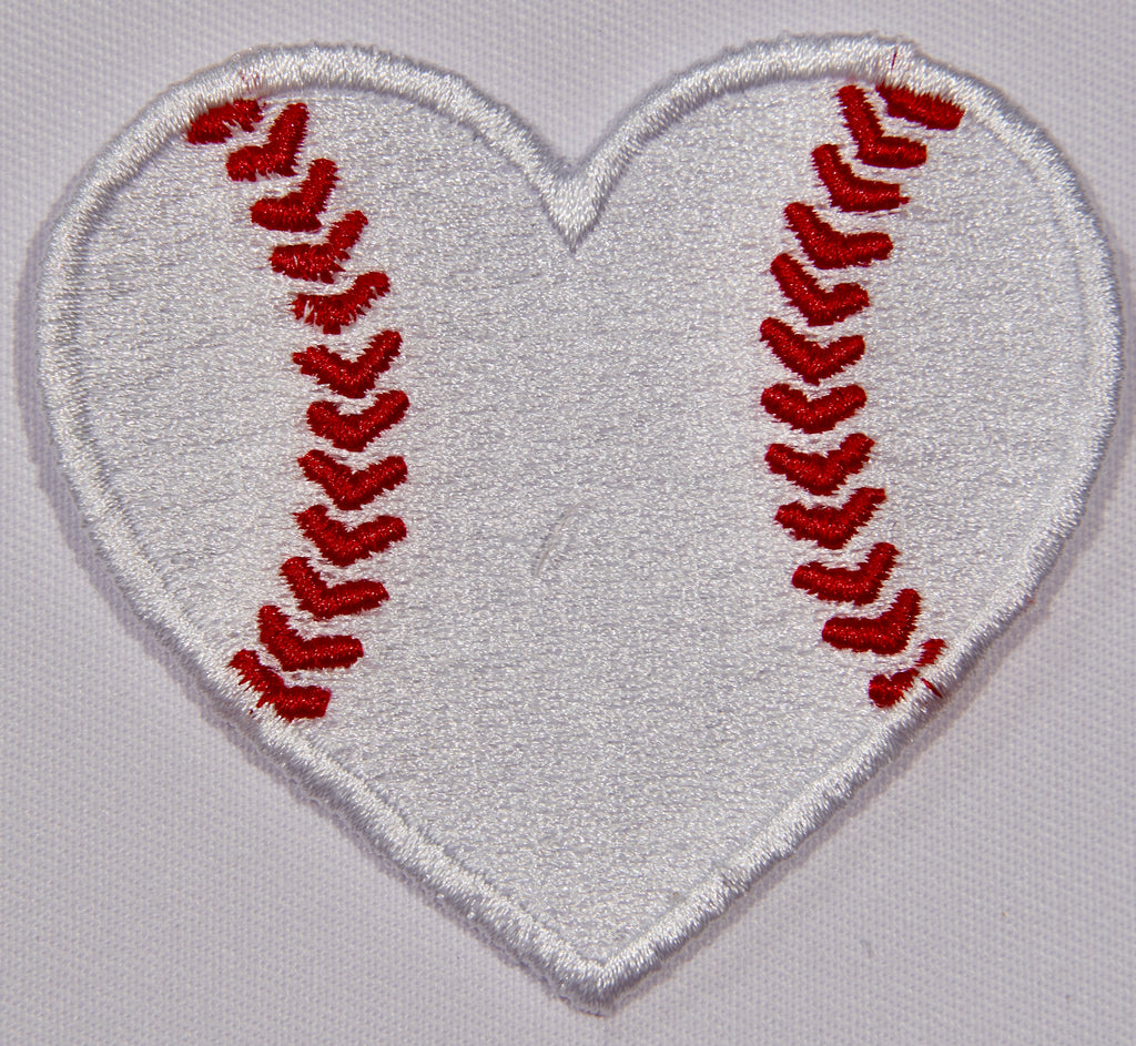 Baseball Heart Embroidered Patch – Red Stitch Lacing on White | Sew On or Iron On