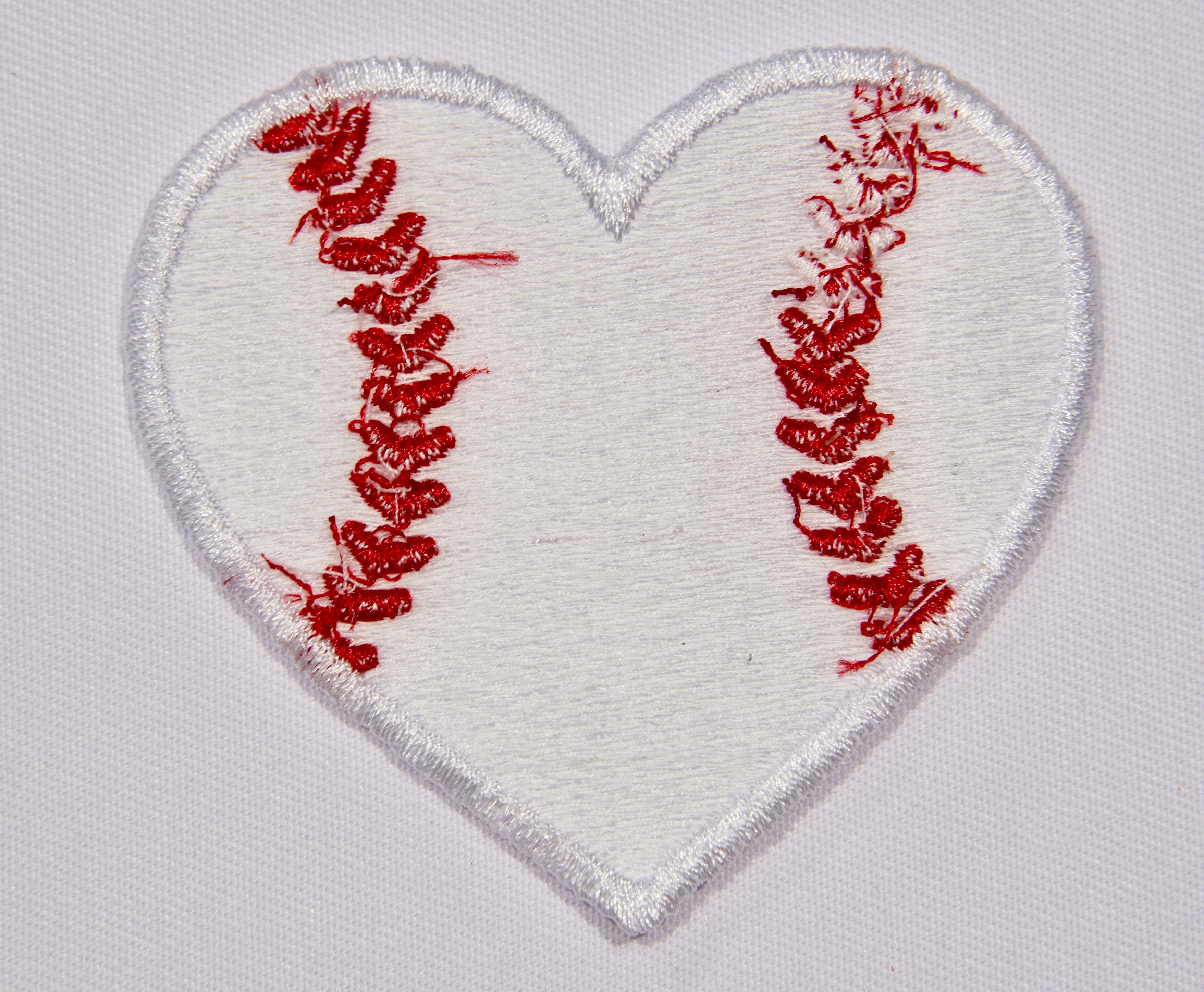 Baseball Heart Embroidered Patch – Red Stitch Lacing on White | Sew On or Iron On