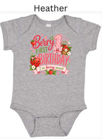 Berry First Birthday baby bodysuit in heather gray with strawberry, basket, and floral graphics and "I'm Berry Sweet" banner — cute first birthday milestone outfit for infants
