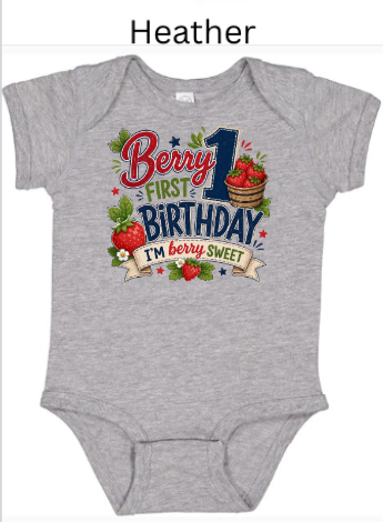 Berry First Birthday toddler t-shirt in athletic heather gray with strawberry and floral design and "I'm Berry Sweet" text — cute first birthday party outfit for boys 