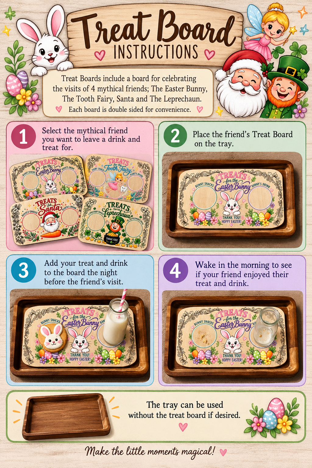 Mythical Friends Treat Board Set – Easter Bunny, Tooth Fairy, Santa & Leprechaun – Laser Engraved Basswood Snack Tray for Kids – Holiday Morning Tradition Gift
