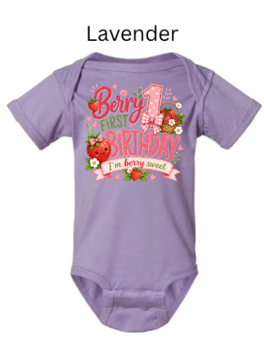 Berry 1st Birthday infant bodysuit in lavender purple featuring strawberry graphics and "I'm Berry Sweet" text — perfect for a baby's first birthday cake smash photoshoot