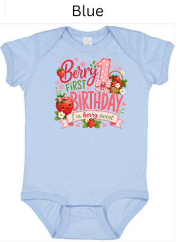 Berry 1st Birthday infant bodysuit in light baby blue with strawberry graphics, floral accents, and "I'm Berry Sweet" banner — perfect as a first birthday onesie for cake smash photos