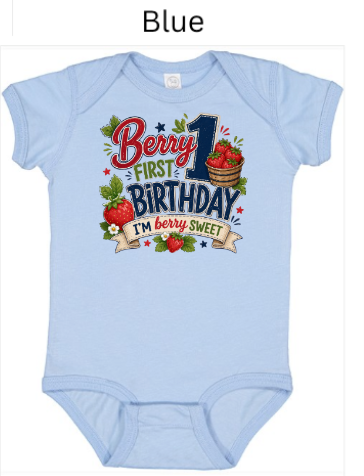Berry 1st Birthday infant bodysuit in light baby blue with strawberry graphics, floral accents, and "I'm Berry Sweet" banner — unisex first birthday onesie for cake smash photos