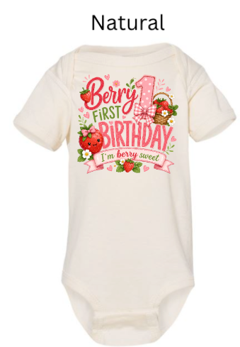 Berry 1st Birthday baby bodysuit in natural cream color with strawberry basket graphic and "I'm Berry Sweet" banner — rustic first birthday cake smash outfit for infants