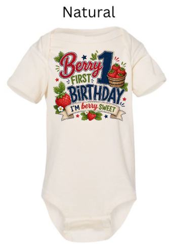 Berry 1st Birthday baby bodysuit in natural cream color with strawberry basket graphic and "I'm Berry Sweet" banner — rustic first birthday cake smash outfit for infants