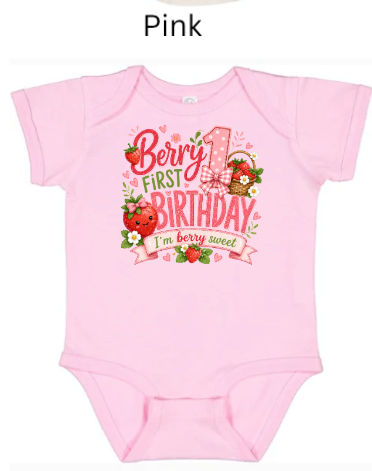 Berry First Birthday baby bodysuit in soft pink with smiling strawberry characters and "I'm Berry Sweet" ribbon banner — adorable first birthday onesie for girls cake smash photoshoot