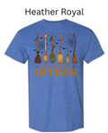 A Girl's Gotta Have Options witch t-shirt heather royal blue featuring six illustrated witch brooms with spiderwebs bats herbs orange text Halloween women's graphic tee