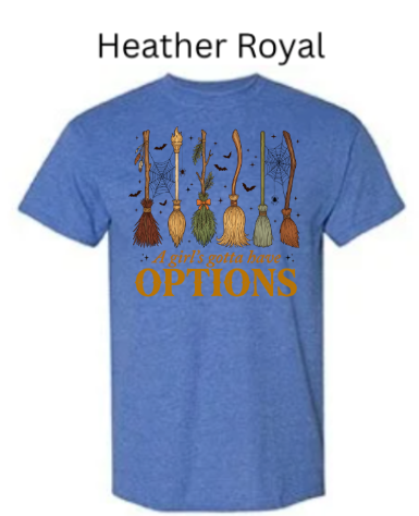 A Girl's Gotta Have Options witch t-shirt heather royal blue featuring six illustrated witch brooms with spiderwebs bats herbs orange text Halloween women's graphic tee