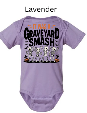 It Was A Graveyard Smash skeleton baby onesie lavender purple with four dancing skeletons Halloween pumpkins bats tombstones soft infant outfit