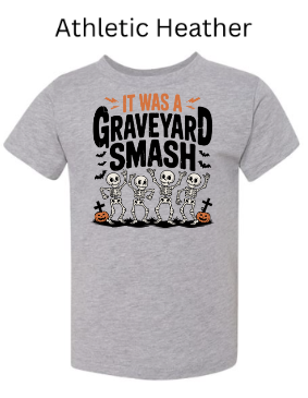 It Was A Graveyard Smash skeleton t-shirt athletic heather gray with four dancing skeletons Halloween pumpkins bats children's fall graphic tee