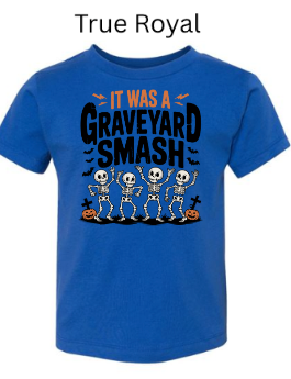 It Was A Graveyard Smash skeleton t-shirt true royal blue with four dancing skeletons Halloween pumpkins tombstones toddler graphic tee