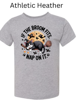 If The Broom Fits Nap On It cat t-shirt athletic heather gray with sleeping cat witch broom full moon ghosts Halloween children's fall graphic tee