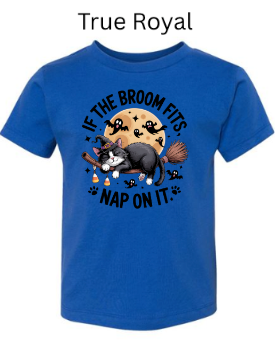 If The Broom Fits Nap On It cat t-shirt true royal blue with sleeping black white cat witch broom full moon ghosts candy corn paw prints Halloween children's graphic tee
