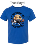 If The Broom Fits Nap On It cat t-shirt true royal blue with sleeping black white cat witch broom full moon ghosts candy corn paw prints Halloween children's graphic tee