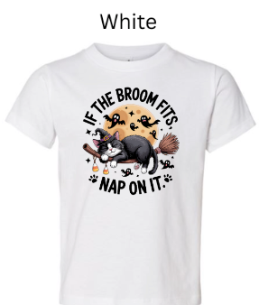 If The Broom Fits Nap On It cat t-shirt white with sleeping cat witch broom full moon ghosts candy corn Halloween kids graphic tee