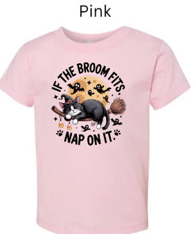 If The Broom Fits Nap On It cat t-shirt pink with sleeping cat witch broom full moon ghosts Halloween kids graphic tee