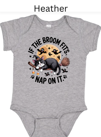 If The Broom Fits Nap On It baby onesie heather gray with sleeping cat witch broom moon ghosts Halloween soft infant bodysuit