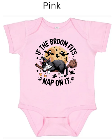 If The Broom Fits Nap On It baby onesie pink with sleeping black white cat witch broom moon ghosts Halloween infant fall bodysuit