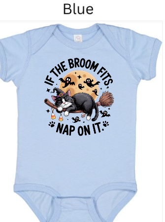 If The Broom Fits Nap On It baby onesie light blue with sleeping cat witch broom full moon ghosts candy corn Halloween infant outfit