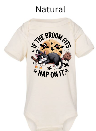 If The Broom Fits Nap On It baby onesie natural cream with sleeping black white cat witch broom moon ghosts Halloween soft infant bodysuit