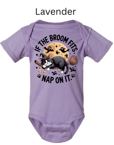 If The Broom Fits Nap On It baby onesie lavender with sleeping black white cat witch broom moon ghosts Halloween soft infant fall outfit