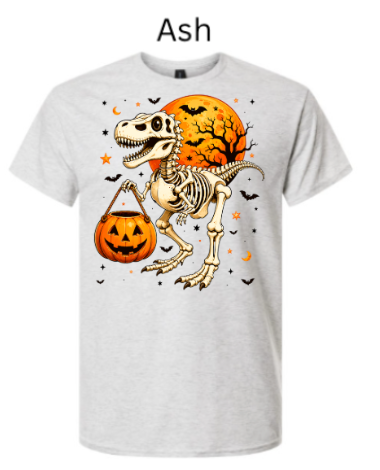 Skeleton T-Rex dinosaur Halloween t-shirt Ash heather off-white with skeleton dinosaur raptor pumpkin candy bucket orange moon bats stars clean Halloween design