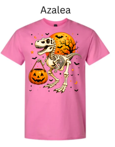 Skeleton T-Rex dinosaur Halloween t-shirt Azalea pink with raptor holding jack-o-lantern pumpkin candy bucket orange moon bats stars spooky prehistoric graphic tee