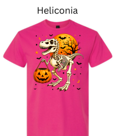 Skeleton T-Rex dinosaur Halloween t-shirt Heliconia hot pink with dinosaur skeleton trick-or-treat pumpkin moon bats stars vibrant fall graphic tee