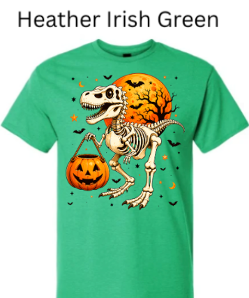 Skeleton T-Rex dinosaur Halloween t-shirt Heather irish green with dinosaur skeleton trick-or-treat pumpkin moon bats bright spring-green fall design