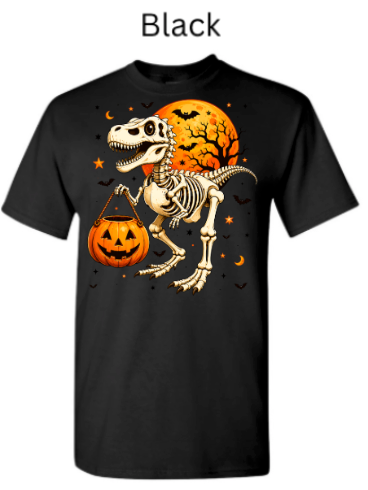 Skeleton T-Rex dinosaur Halloween t-shirt black with skeleton T-Rex jack-o-lantern candy pail orange moon bats stars high contrast Halloween graphic tee