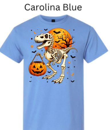 Skeleton T-Rex dinosaur Halloween t-shirt Carolina blue with skeleton raptor holding jack-o-lantern candy pail orange full moon bats autumn graphic tee