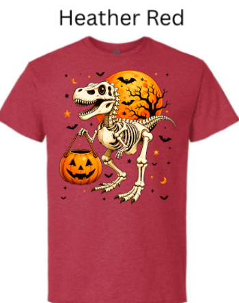 Skeleton T-Rex dinosaur Halloween t-shirt Heather red burgundy with dinosaur skeleton pumpkin bucket moon bats stars Halloween graphic tee