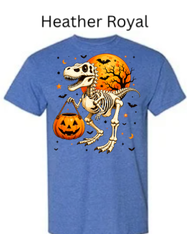 Skeleton T-Rex dinosaur Halloween t-shirt Heather royal blue with T-Rex skeleton jack-o-lantern candy pail full moon bats prehistoric Halloween graphic