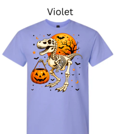 Skeleton T-Rex dinosaur Halloween t-shirt Violet lavender purple with skeleton T-Rex trick-or-treat jack-o-lantern moon bats spooky design
