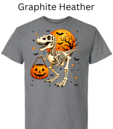 Skeleton T-Rex dinosaur Halloween t-shirt Graphite heather gray with T-Rex skeleton holding jack-o-lantern pumpkin moon bats neutral Halloween graphic tee