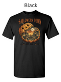 Halloween Town EST 1998 t-shirt black with carved pumpkin haunted house interior full moon bats high contrast spooky Halloween graphic tee