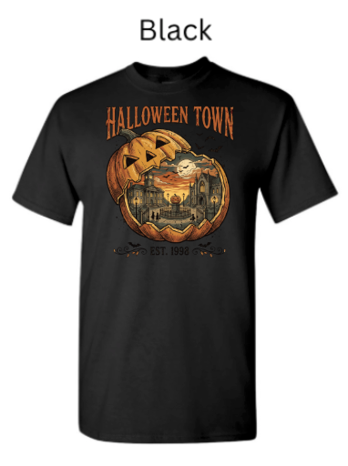 Halloween Town EST 1998 t-shirt black with carved pumpkin haunted house interior full moon bats high contrast spooky Halloween graphic tee