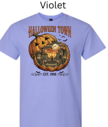 Halloween Town EST 1998 t-shirt violet lavender with carved pumpkin haunted house inside full moon bats spooky Halloween vintage graphic tee