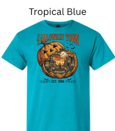Halloween Town EST 1998 t-shirt tropical blue teal with jack-o-lantern haunted mansion full moon bats vibrant Halloween pumpkin graphic tee