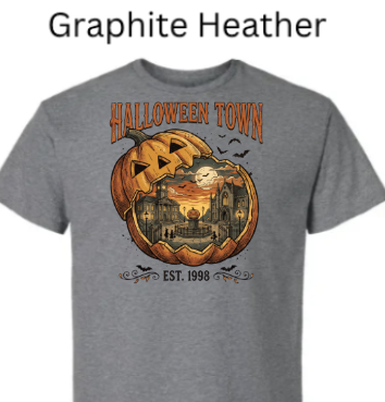 Halloween Town EST 1998 t-shirt graphite heather gray with haunted house inside carved pumpkin full moon bats spooky fall graphic tee