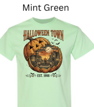 Halloween Town EST 1998 t-shirt mint green with jack-o-lantern haunted mansion full moon bats Halloween vintage design pumpkin graphic tee