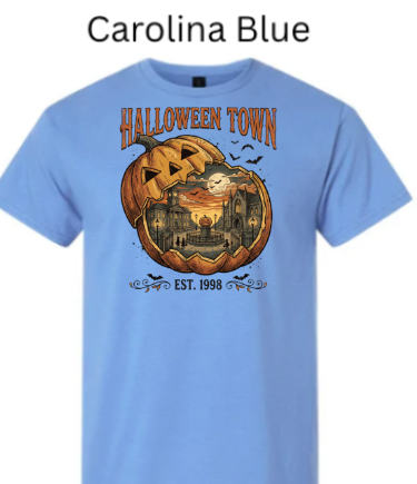 Halloween Town EST 1998 t-shirt carolina light blue with carved pumpkin haunted house interior full moon bats soft Halloween graphic tee